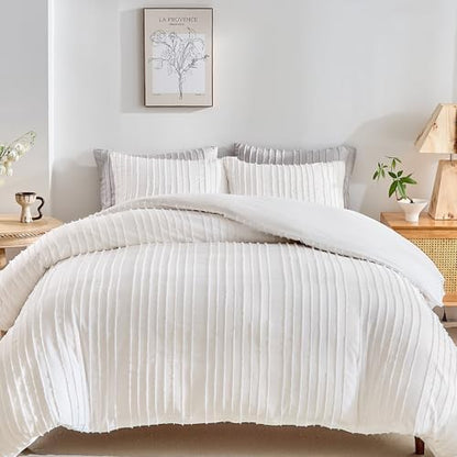 WARMDERN White Boho Duvet Cover Twin, Striped Textured Tufted Bedding Set