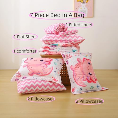 Girls Pink 7 Piece Axolotl Comforter Set for Kids Full Size Kawaii Axolotl Bedding for Teen 3D Animals Colorful Bed Set (Comforter,Flat Sheet,Fitted Sheet and Pillow Sham)