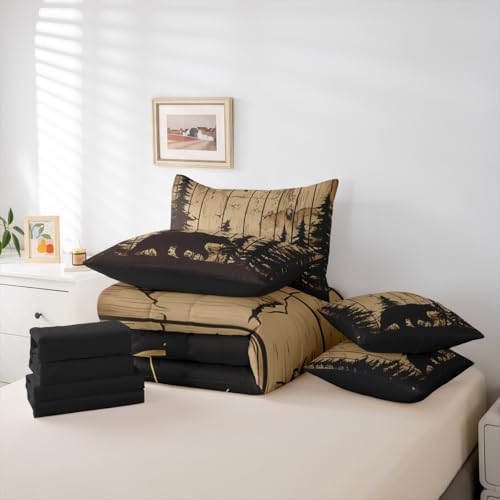 Erosebridal Rustic Cabin Bed in A Bag 7 Pcs Farmhouse Bear Comforter Set for Kids Boys Girls Vintage Brown Wooden Board Bedding Sets Twin Pine Tree Animal Silhouette Print Sheet Set with Comforter