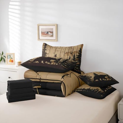 Erosebridal Rustic Cabin Bed in A Bag 7 Pcs Farmhouse Bear Comforter Set for Kids Boys Girls Vintage Brown Wooden Board Bedding Sets Twin Pine Tree Animal Silhouette Print Sheet Set with Comforter