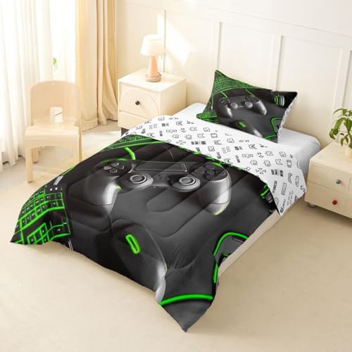Feelyou Gamer Comforter Set All Season Gaming Bedding Set with 1 Pillow Cases Game Room Decor Microfiber Kids Toddler Bedclothes Gamepad Bedroom Decor Green Duvet Quilt Breathable Soft Lightweight