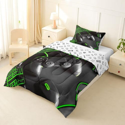 Feelyou Gamer Comforter Set All Season Gaming Bedding Set with 1 Pillow Cases Game Room Decor Microfiber Kids Toddler Bedclothes Gamepad Bedroom Decor Green Duvet Quilt Breathable Soft Lightweight
