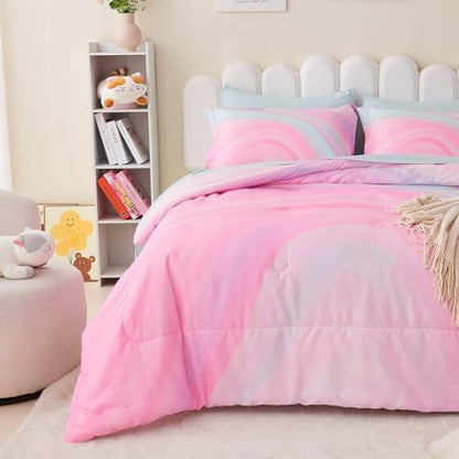 Wajade Girls Pink Comforter Set Bed in A Bag Full Size 7 Piece 3D Colorful Tie Dye Pink Rainbow Bedding Set for Teens Girls (1 Comforter, 1 Flat Sheet, 1 Fitted Sheet, 2 Pillowcase and 2 Pillow Sham)
