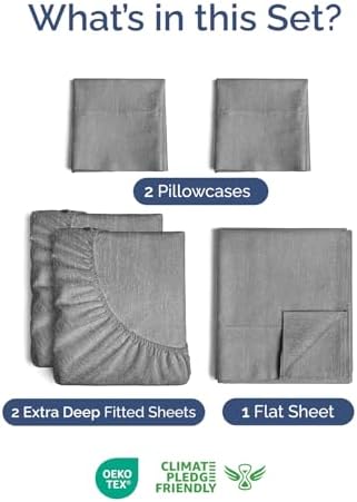 Extra Deep Split King Sheet Set - 5 Piece Cooling Sheets - Heathered Grey