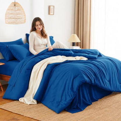 HIMEET Full Comforter Set, 7-Piece Point-Quilted Bed in a Bag, Classic Blue