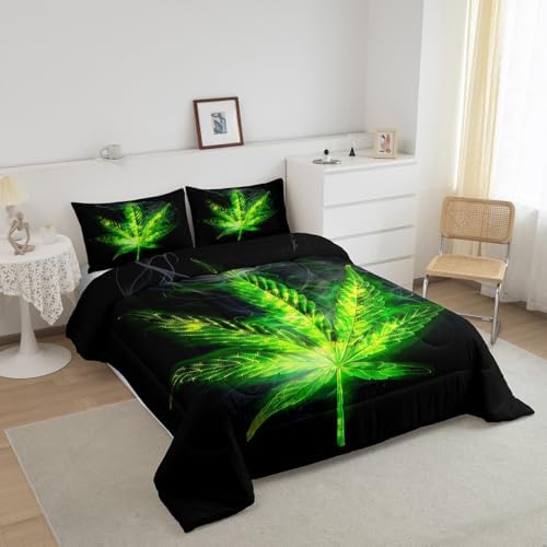 Erosebridal Boho Plant Comforter Set Twin Size, Adult Bohemia Leaves Bedding Set, Exotic Leaves Rustic Down Comforter for Kids Teens Women, Maple Leaf Quilted Duvet Bedroom Decor, Green Black
