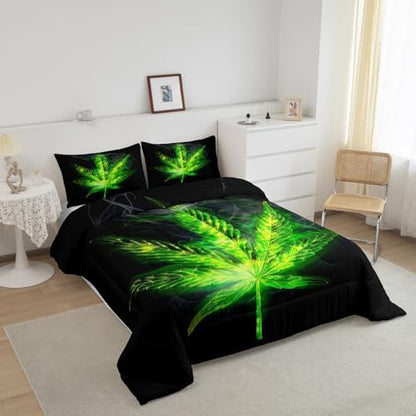 Erosebridal Boho Plant Comforter Set Twin Size, Adult Bohemia Leaves Bedding Set, Exotic Leaves Rustic Down Comforter for Kids Teens Women, Maple Leaf Quilted Duvet Bedroom Decor, Green Black