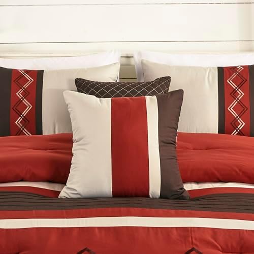 Chezmoi Collection 7-Piece Zigzag Embroidered Comforter Set, Queen Size