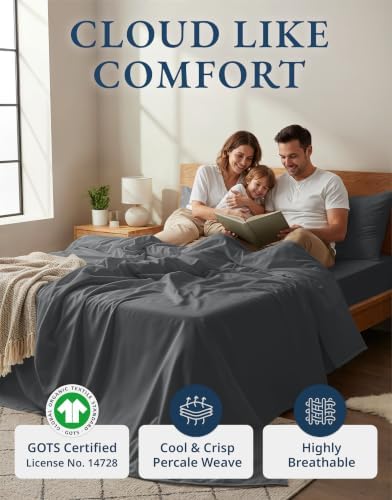 LANE LINEN Twin Bed Sheets 100% Organic Cotton Soft 3pc Percale - Charcoal