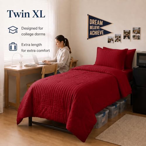 CozyLux Twin XL Comforter Set, 5 Pieces Dark Red Seersucker Bed in a Bag