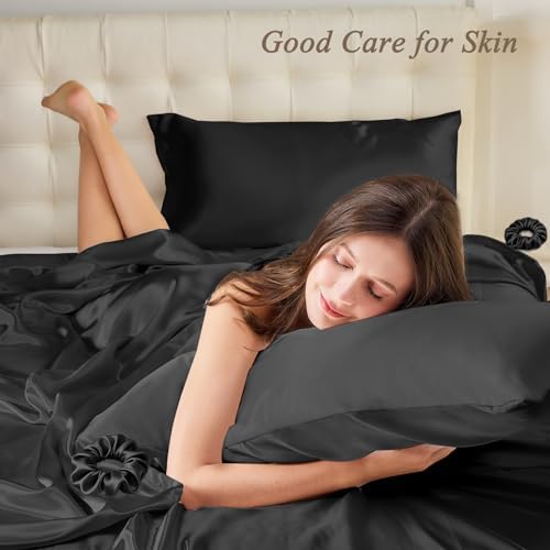 Vielit Queen Satin Pillowcase for Hair 2pc,Similar to Silk Pillow Cases,Easier Care Than Silk Pillowcase,Gifts for Women Men,Black,20x30 & Envelope Closure and 2 Satin Scrunchies