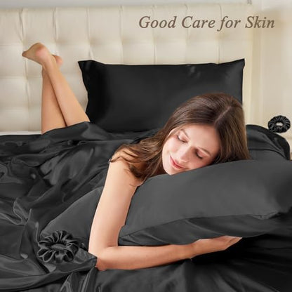 Vielit Queen Satin Pillowcase for Hair 2pc,Similar to Silk Pillow Cases,Easier Care Than Silk Pillowcase,Gifts for Women Men,Black,20x30 & Envelope Closure and 2 Satin Scrunchies