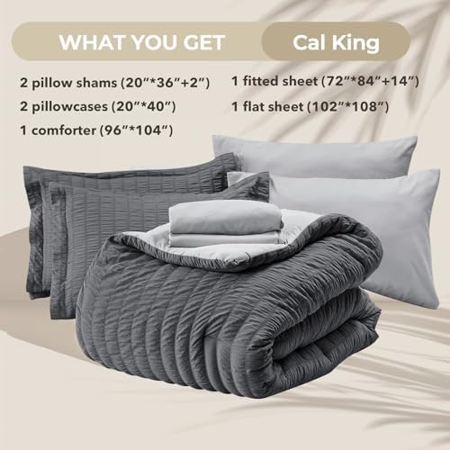 HYMOKEGE Dark Grey/Light Grey California King Comforter Set Seersucker 7 Pieces, All Season Luxury Bed in a Bag for Bedroom, Bedding Set with Comforter, Sheets, Pillowcases & Shams