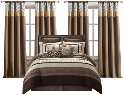 LANCO MODERN LIFESTYLE California King Comforter Set, Brown Bedding Set, Jacquard Woven with Geometry, 16 Pieces Room in a Bag, Sheets, Bedskirt, Pillow Shams and Cases, Decor Pillows and Curtains