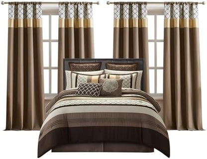 LANCO MODERN LIFESTYLE Queen Comforter Set, Brown Bedding Set, Jacquard Woven with Geometry, 16 Pieces Room in a Bag, Sheets, Bedskirt, Pillow Shams and Cases, Decorative Pillows and Curtains