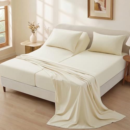 P Pothuiny 5-Piece Split King Sheets Set, Beige Soft Microfiber Fabric