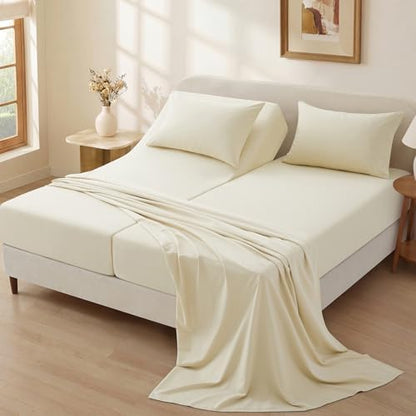 P Pothuiny 5-Piece Split King Sheets Set, Beige Soft Microfiber Fabric