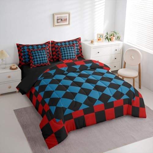 Feelyou Checkered Retro Twin Comforter Set with Sheets for Kids Boys Girls Red Blue Black Plaid 7 Pieces Bedding Set Geometric Vintage Bed in a Bag Modern Simple Groovy Aesthetic Room Decor Soft