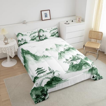 Oriental Culture Comforter Set Queen Size,Chinese Style Abstract Art Bedding Set for Kids Girls Boys Adults Room Decor,Ink Painting Mountain Duvet Insert 3Pcs,Tie Dyeing Quilt Set,2 Pillowcases