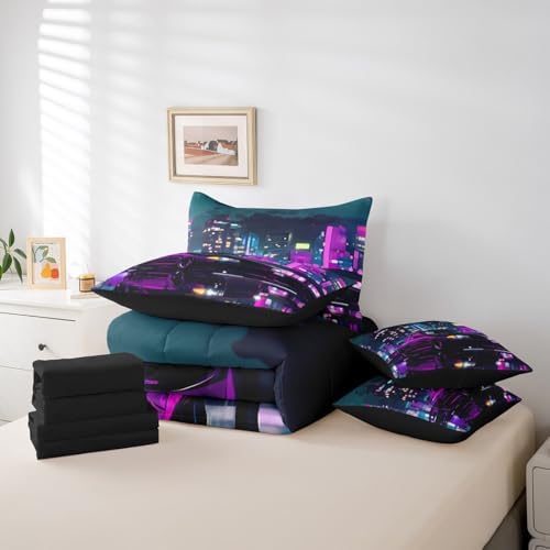 Neon Purple Car 7 Pieces Bedding Set Twin Size,Cool Race Car Bed in a Bag,Extreme Sports Gaming Bed Set Includes Comforter,Sheet Set,Pillowcases & Pillow Covers,City Night Scene Bedroom Decor