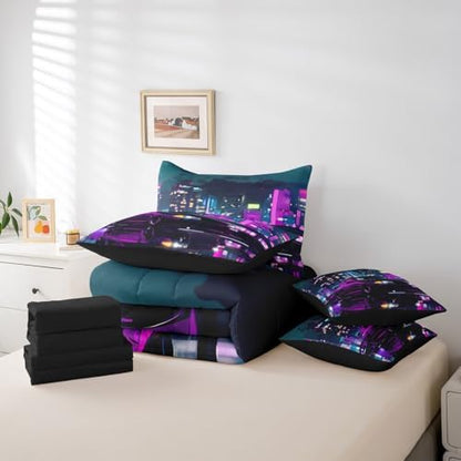 Neon Purple Car 7 Pieces Bedding Set Twin Size,Cool Race Car Bed in a Bag,Extreme Sports Gaming Bed Set Includes Comforter,Sheet Set,Pillowcases & Pillow Covers,City Night Scene Bedroom Decor