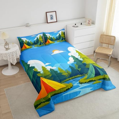 Happy Camping Bedding Set Full Size,Camper Adventure Theme Comforter Set for Kids Teens Adults Room Decor,Nature Scenery Duvet Insert 3Pcs,Tents River Tree Blue Sky Cloud Quilt Set,2 Pillowcases