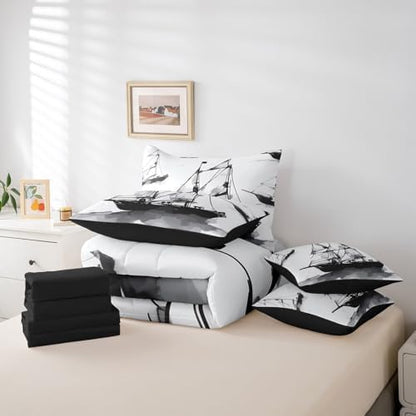 Erosebridal 7Pcs Sailboat Comforter Set Full Size,Retro Ink Wash Painting Bedding Set,Navigation Ship Bed in A Bag,Nautical Ocean Sheet Set with Comforter