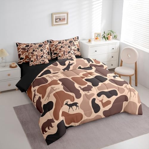 Erosebridal Camouflage 7 Piece Bedding Set Twin Hunter Deer Comforter Set with Sheets Woods Army Pink Brown Camo Bed in a Bag Hound Wolf Turkey Bear Pattern for Kids Boys Girls