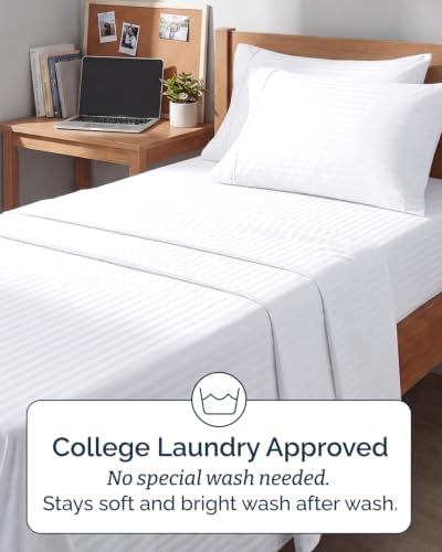 Twin XL 4 Piece Sheet Set - College Dorm Room Essentials - Striped White