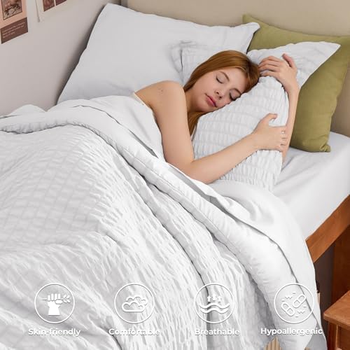 HYMOKEGE White Twin Comforter Set Seersucker 5 Pieces, All Season Luxury Bed in a Bag for Bedroom, Bedding Set with Comforters, Sheets, Pillowcase & Sham