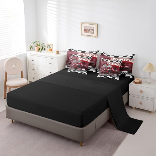 Race Car 7 Pcs Comforter Set Queen Size Bed in a Bag,Red Camouflage Print Racing Car Bed Set Room Decor,Geometric Grids Bedding Sets with Comforter,Flat,Fitted Sheet,Pillowcases,Pillow Covers