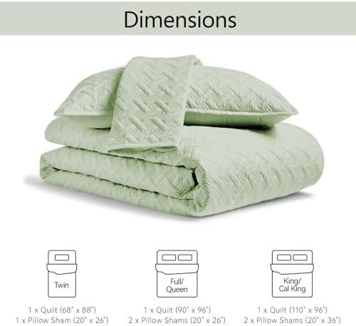 FLYMME Quilts Queen Size, Lightweight Sage Green Bedspreads, Basket Weave Pattern,Ultra Soft Microfiber Bed Coverlet 3 Pieces for All-Seasons (1 Quilt, 2 Shams)