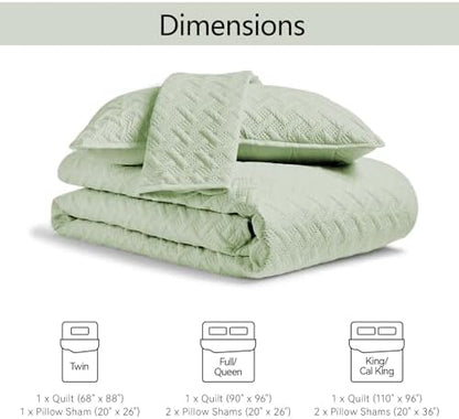 FLYMME Quilts Queen Size, Lightweight Sage Green Bedspreads, Basket Weave Pattern,Ultra Soft Microfiber Bed Coverlet 3 Pieces for All-Seasons (1 Quilt, 2 Shams)