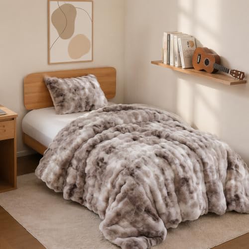 YIKUSH Twin Faux Fur Soft Comforter Set, Fluffy Bedding Set, Tiedye Brown