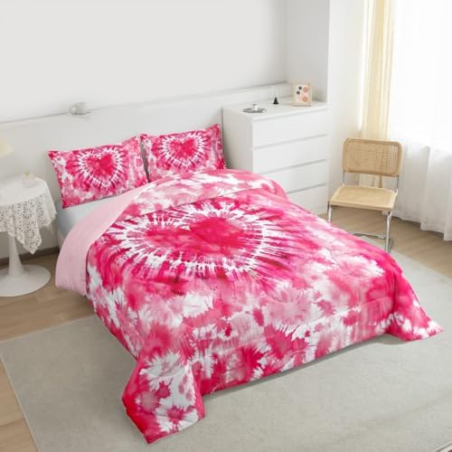Rose Red Tie Dye Comforter Set Queen Size,Cute Heart Pink Tie Dye Bedding Set 3pcs for Kids Teens Girls Women Room Decor,Watercolor Tie Dye Quilt Set Modern Fashion Down Comforter with 2 Pillowcases