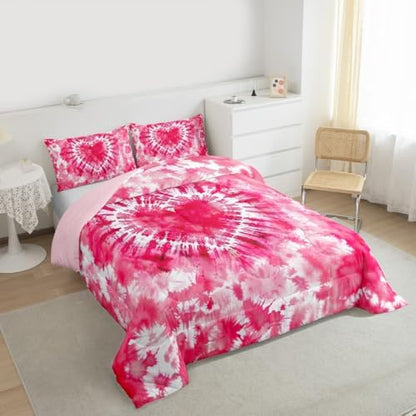 Rose Red Tie Dye Comforter Set Queen Size,Cute Heart Pink Tie Dye Bedding Set 3pcs for Kids Teens Girls Women Room Decor,Watercolor Tie Dye Quilt Set Modern Fashion Down Comforter with 2 Pillowcases