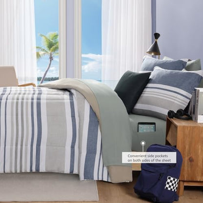 Twin XL Comforter Set Striped Sea Blue 5 Pieces Bed in a Bag for Dorm