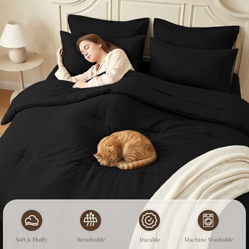 Oversized King Comforter Set 7 Pieces - Ultra-Soft Bed in a Bag, Cozy Luxury All Season Bedding Sets with Comforter, Flat Sheet, Fitted Sheet, 2 Pillow Shams & 2 Pillowcases, Black