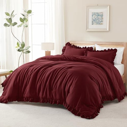 Andency Oversized King Comforter Set, 3 Pcs Burgundy Ruffle Chic Bedding