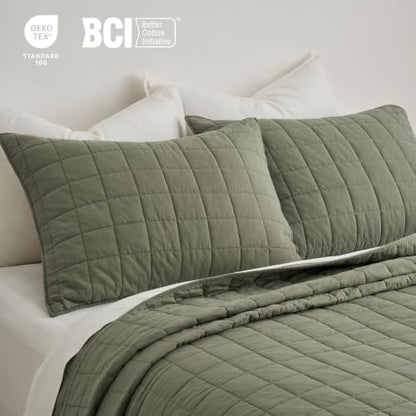 EVERGRACEHOME 100% Cotton Box Stitch Quilt Set, Oversized King, Olive Green
