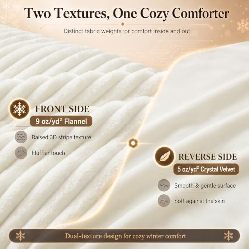 CozyLux Fleece Queen Comforter Set, 3 Piece Winter Warm Cream White Bedding