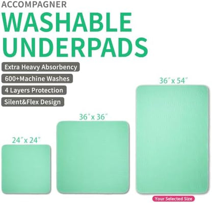 Accompagner Incontinence Bed Pads Washable Waterproof, Ultra-Absorbent Reusable Underpads for Diaper Changing, Nursing, Bedridden, Adults, Seniors, Kids and Dogs (Green, 36"x54"(Pack of 4))