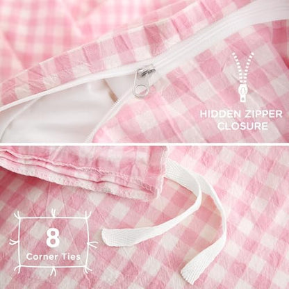 TOCOMOA Pink Gingham Duvet Cover Bedding Set Washed Cotton Like Linen, King