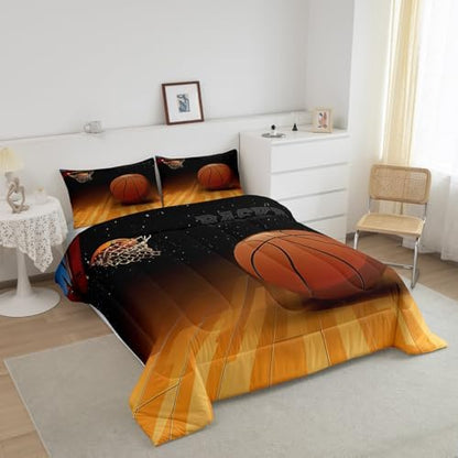 Manfei Basketball Comforter Set King Size, Sports Theme Bedding Set 3pcs for Kids Boys Teens Room Decor, American Basketball Quilt Set with 2 Pillowcases