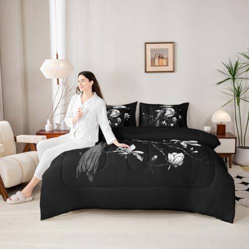 Erosebridal Vintage Raven 7 Piece Bedding Set King Gothic Moon Comforter Set with Sheets Dark Black Bird Bed in a Bag Mysterious Florals Horror Wild Animal Bed Sets Comforter