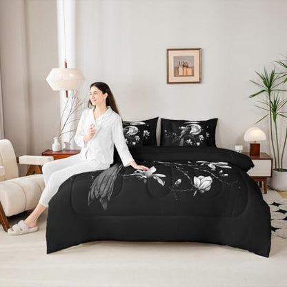 Erosebridal Vintage Raven 7 Piece Bedding Set King Gothic Moon Comforter Set with Sheets Dark Black Bird Bed in a Bag Mysterious Florals Horror Wild Animal Bed Sets Comforter