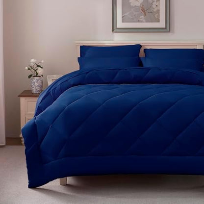 ELNIDO QUEEN® King Size Comforter Set Navy - 7 Pieces King Bed in a Bag, Bed Set All Seasons, Soft Navy Bedding Sets with Dark Blue Comforter, Flat Sheet, Fitted Sheet, Pillowcases and Pillow Shams