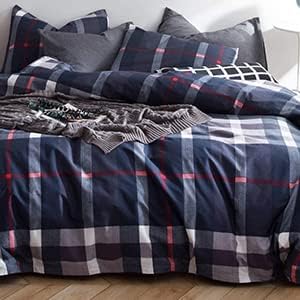 CLOTHKNOW Blue Plaid California King Comforter Set Buffalo Tartan Bedding Sets Soft Blue White Grey Grid Comforter with 2 x Pillow Cases