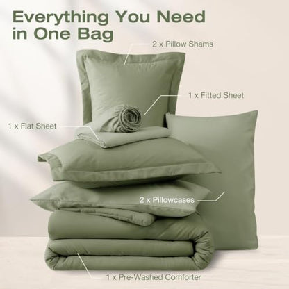 Sasttie Queen Comforter Set 7-Piece Sage Green, Pre-Washed Bed in a Bag