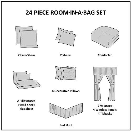 Madison Park Essentials Brystol 24 Piece Room in a Bag Faux Silk Comforter Jacquard Paisley Design Matching Curtains Down Alternative Hypoallergenic All Season Bedding-Set, Cal King(104"x92"), Brown